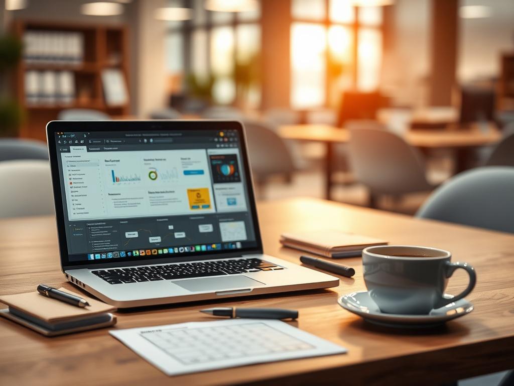 A close-up shot of a modern office workspace with a laptop displaying HR system software, surrounded by notes and a cup of coffee. The background should be a soft-focus office environment, capturing a professional and organized atmosphere, with warm lighting that complements the #CFB07C color.