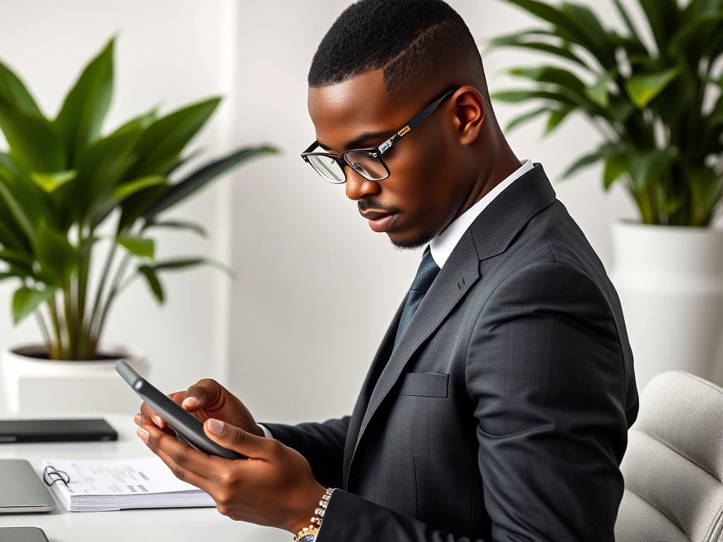 A black man with a neat low cut hairstyle, wearing stylish glasses, intently scrolling on his tablet in a modern office environment. He is dressed in a sharp suit, with an employee handbook positioned prominently next to him on a sleek desk. The background features lush green plants that add a touch of nature to the professional setting, creating an inviting and productive atmosphere. The composition should focus closely on the individual, capturing his engagement with the tablet while emphasizing the organ