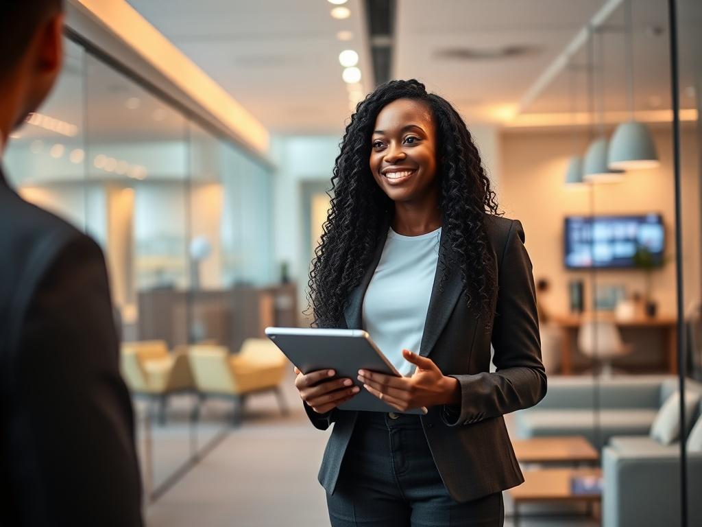 Create a realistic high-resolution photo featuring a brown-skinned black woman with long, deep wave hair, measuring approximately 30 inches. She is standing confidently, with the image capturing her from waist up. The setting is a spacious, modern tech office, characterized by sleek, minimalist design elements such as glass walls, contemporary furniture, and soft, ambient lighting that creates a warm and inviting atmosphere.

The woman is engaged in conversation, exuding professionalism and approachability,