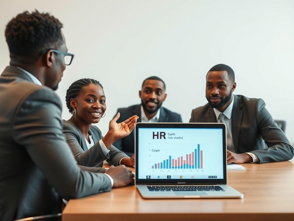 A realistic high-resolution photo depicting four black professionals sitting around a desk in an office setting. One person is actively giving HR support, gesturing towards a laptop screen that displays a graph and the word 'HR'. The atmosphere is collaborative and focused, showcasing teamwork and engagement. The background is minimalistic, emphasizing the individuals and their interaction.