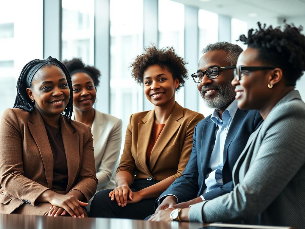 A realistic high-resolution photo featuring a diverse group of five Black professionals, aged from their 20s to 50s, sitting together in a modern office meeting room. The focus is on their engaged expressions as they discuss ideas, showcasing collaboration and teamwork. The background is a sleek, contemporary office space with a large window allowing natural light to flood in. The overall atmosphere is one of professionalism and inclusivity.