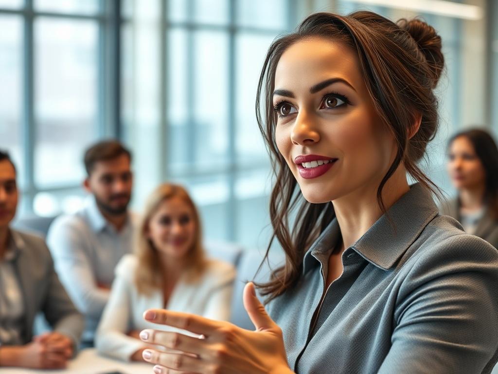 A dynamic close-up shot of a professional woman presenting to her team in a bright conference room. The focus should be on her confident expression as she engages the audience, with colleagues actively participating. The background features a modern office setting, conveying an atmosphere of collaboration and innovation.