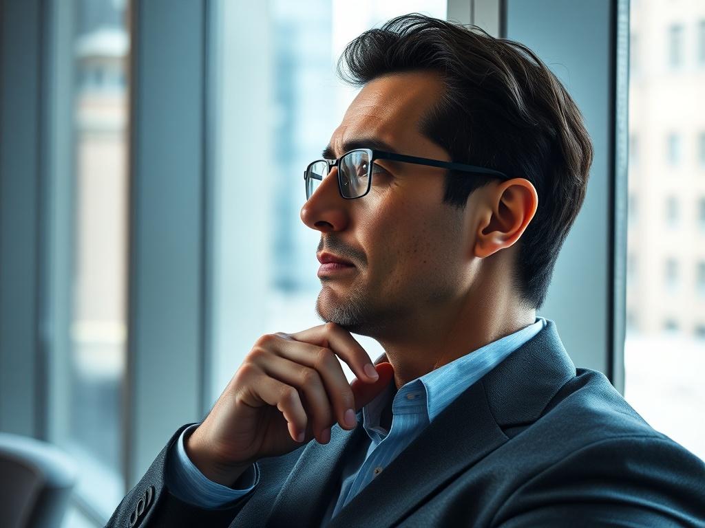 A close-up shot of a business leader in a modern office, deep in thought while looking out of a large window. The image should capture the individual's contemplative expression, symbolizing strategic vision and focus on future growth. The background should reflect a professional environment, enhancing the theme of leadership.