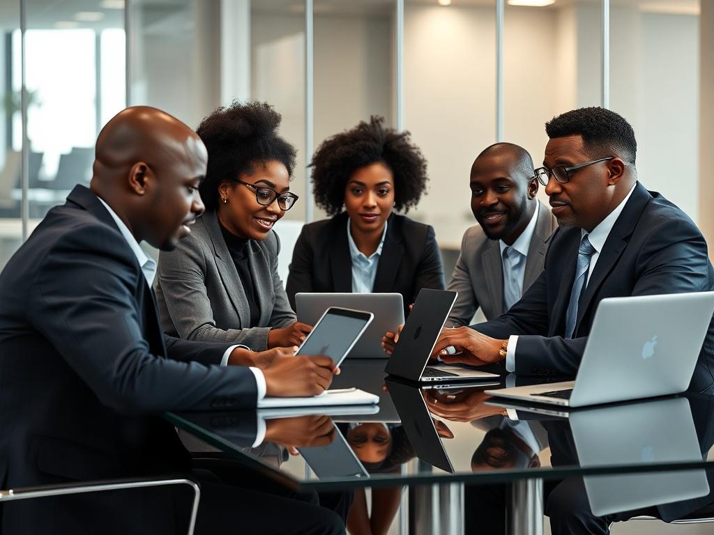 A high-resolution close-up shot featuring five Black professionals, representing a diverse age range from their 20s to 50s, all dressed in business suits. They are seated around a sleek modern office desk, engaged in a collaborative meeting. Each person has their laptop open in front of them, and they are actively discussing ideas, showcasing a dynamic and professional atmosphere. The background should be a well-lit office space that complements the scene, emphasizing teamwork and innovation.
