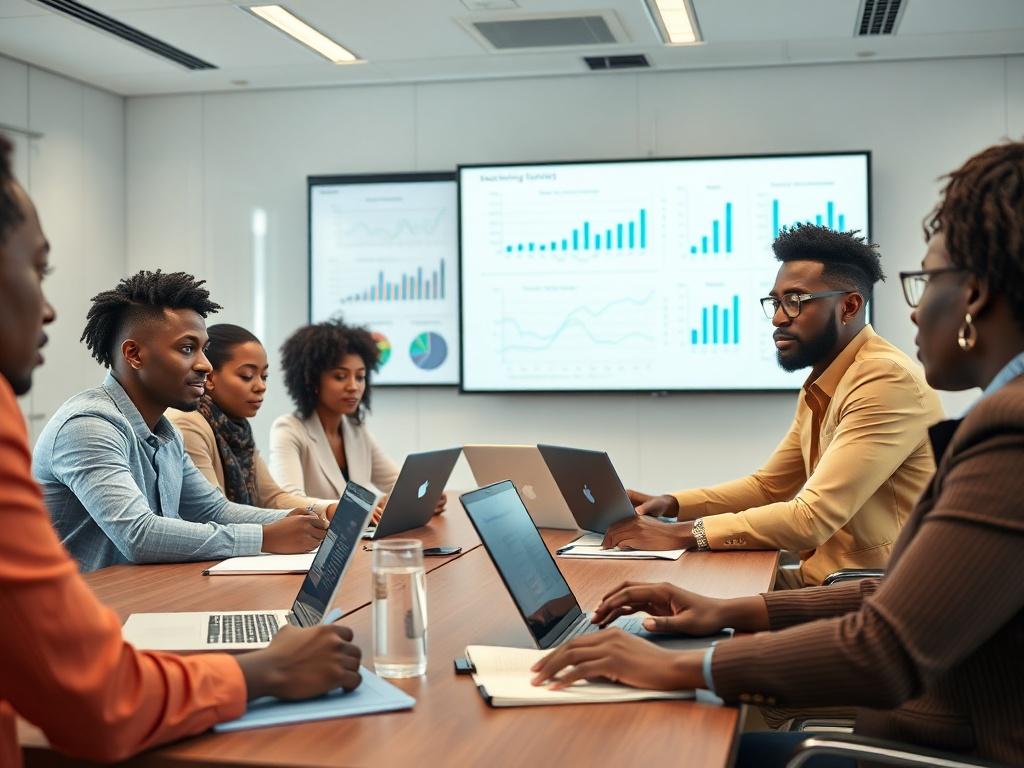 A high-resolution image of a serious training session, featuring a diverse group of black professionals engaged in focused discussions. They are seated around a large table with laptops and notepads, showcasing an environment of collaboration and learning. The background should be a well-lit, modern conference room with a large screen displaying graphs and charts. The composition should emphasize the engaged expressions of the participants, conveying a sense of professionalism and dedication to their develo