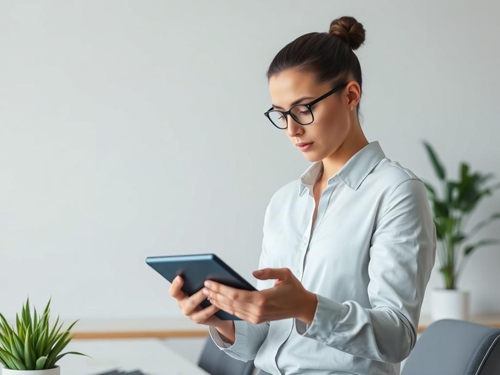 A clean, modern office environment with a professional HR consultant reviewing streamlined HR systems on a digital device. The setting should be minimalistic, with soft lighting highlighting the consultant's focused expression. The background should be simple and uncluttered, emphasizing the importance of efficient HR systems in a vibrant workplace.