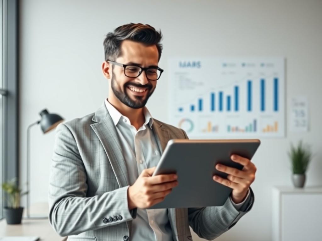 A confident business leader in a modern office, smiling as they strategize over a digital tablet. The environment should reflect professionalism and forward-thinking, with charts and data analysis visible in the background, illustrating growth trends and future goals.