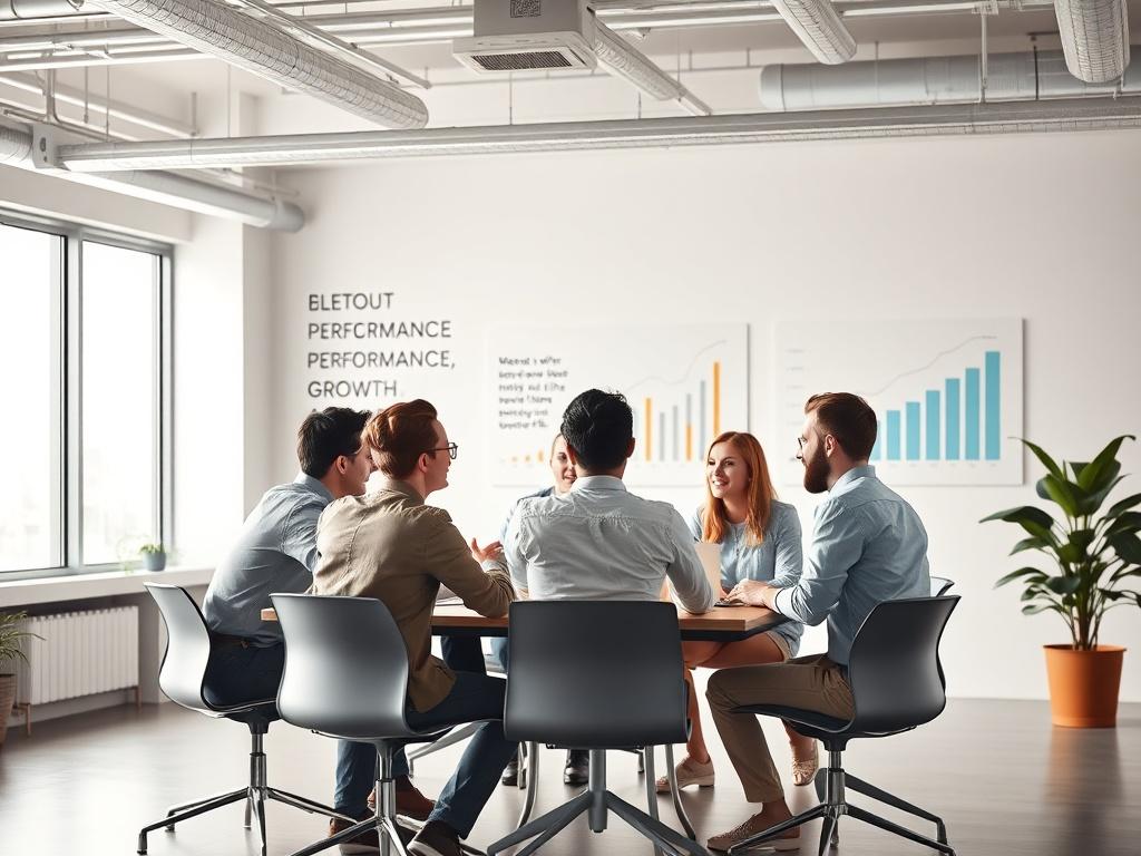 A collaborative team meeting in a bright office space, with engaged employees discussing performance metrics and goals. The atmosphere should be dynamic and positive, showcasing teamwork and enthusiasm. The background should feature motivational quotes and charts that highlight growth and success.