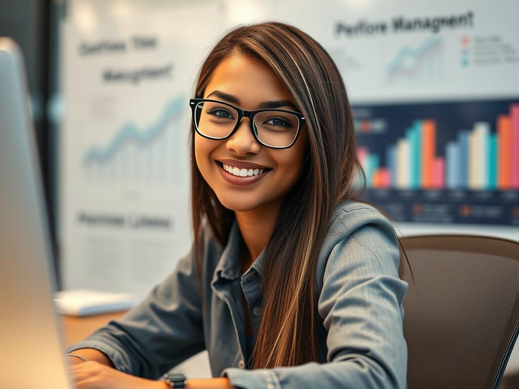 A close-up shot of a mixed-race woman with long 30 inches straight hair, wearing glasses, working at her desk and smiling at the camera. The background features a blurred performance management theme, emphasizing a professional atmosphere. The woman exudes confidence and positivity, showcasing her engagement with her work.