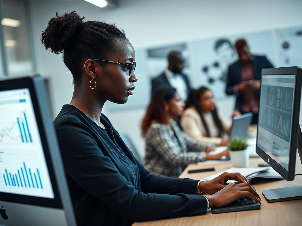 A realistic high-resolution photo of a Black woman focused on her work at a desk, showcasing enhanced HR systems that boost productivity. She is engaged with a computer, displaying graphs and charts on the screen. In the background, diverse Black colleagues are collaborating in an office setting, discussing and working together. The office environment is modern and well-lit, emphasizing a productive atmosphere. The composition is simple and clear, with the main subject in focus and a supportive background.
