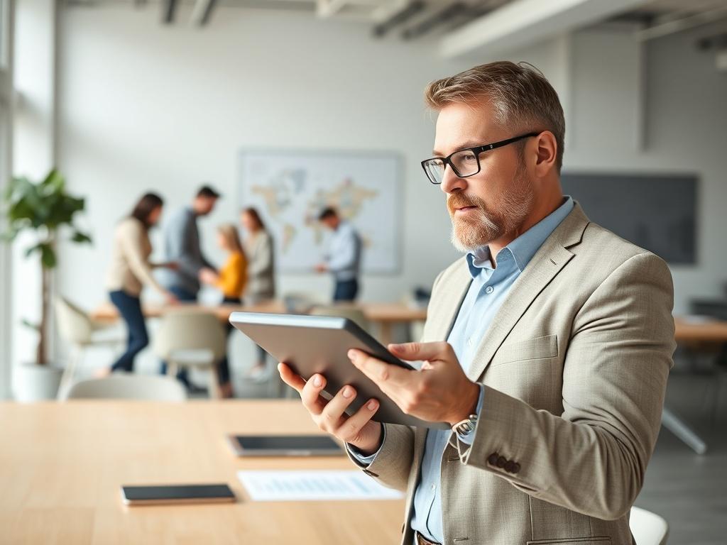 A high-resolution photo of a confident business leader in a modern office, looking at a strategic growth plan on a digital tablet. The background shows a bustling team collaborating, highlighting the leader's focus on growth while the HR aspects are well-managed.
