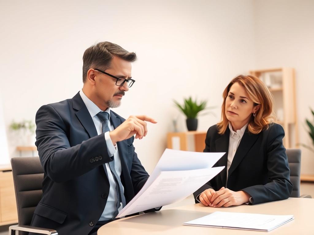 A high-resolution photo of a professional HR consultant discussing compliance documents with a business owner in a well-organized office space. The consultant is pointing to key points in the documents, while the business owner looks attentive and engaged, emphasizing the importance of risk management.