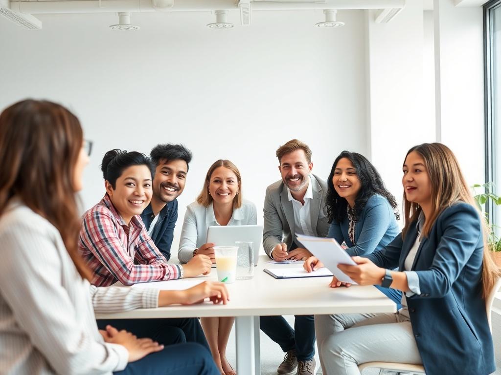 A high-resolution photo of a diverse group of employees in a modern office setting, engaged in a collaborative meeting. The room is bright and airy, with clean lines and minimalistic design elements. Focus on the expressions of enthusiasm and teamwork among the employees, highlighting a positive work environment.