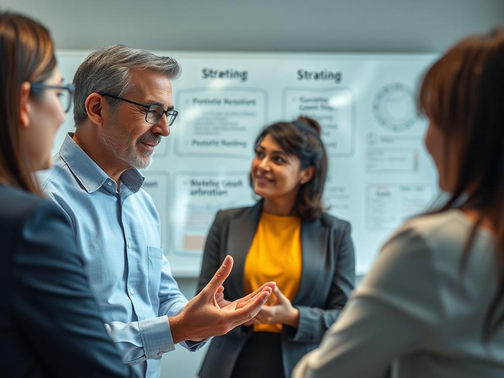 A business leader mentoring a team member in an office
