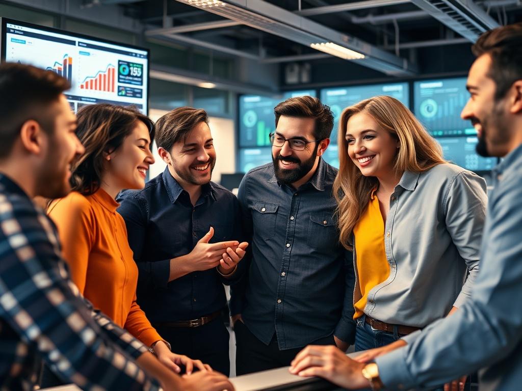 A diverse group of happy employees collaborating in a modern