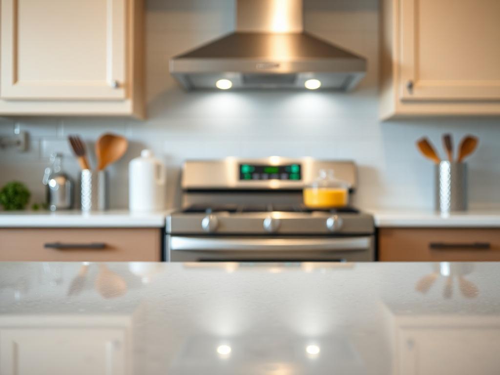 A hyper-realistic close-up shot of a clean kitchen counter with sparkling surfaces and a freshly cleaned oven in the background. The composition should be simple and clear, emphasizing the cleanliness and hygiene of the space, shot with a 45mm f/1.2 lens style, with a background that suggests a well-maintained, welcoming home.