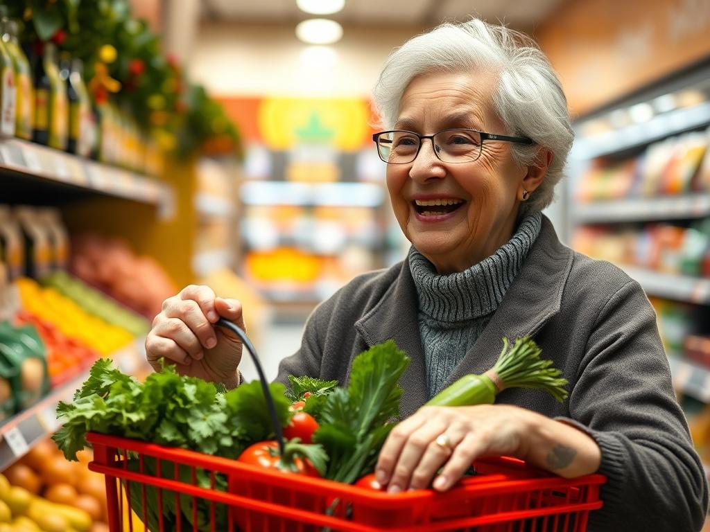 A close-up shot of a cheerful elderly person shopping for groceries, holding a shopping basket filled with fresh fruits and vegetables. The background shows a bright and inviting grocery store aisle with colorful items on shelves. The focus is on the person, showcasing their joyful expression, highlighting the warmth and care associated with the shopping assistance service.