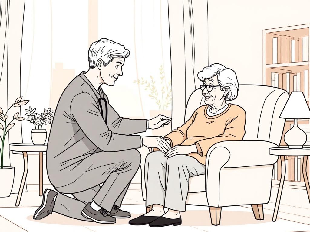Create a high-quality illustration that embodies the theme of "Understanding Home Care Services for the Elderly." The image should feature a compassionate caregiver assisting an elderly person in a cozy, well-lit living room setting. The caregiver, a middle-aged individual with a warm smile, should be kneeling beside the elder, who is seated comfortably in an armchair. The elderly person, a senior woman with silver hair, should appear engaged and appreciative of the assistance provided.

The composition should focus solely on this interaction, emphasizing the emotional connection and support between them. In the background, include soft, inviting details like a small table with a flower vase and a bookshelf filled with books, suggesting a nurturing and homey environment. The colors should be warm and soothing, enhancing the overall feeling of care and comfort. 

Avoid text or abstract shapes; the image should clearly depict the importance of home care services for seniors and represent the various options available to enhance their quality of life. Make the outlines crisp and define the details in a solid black line drawing style, compatible with a primary color of #CFB07C.