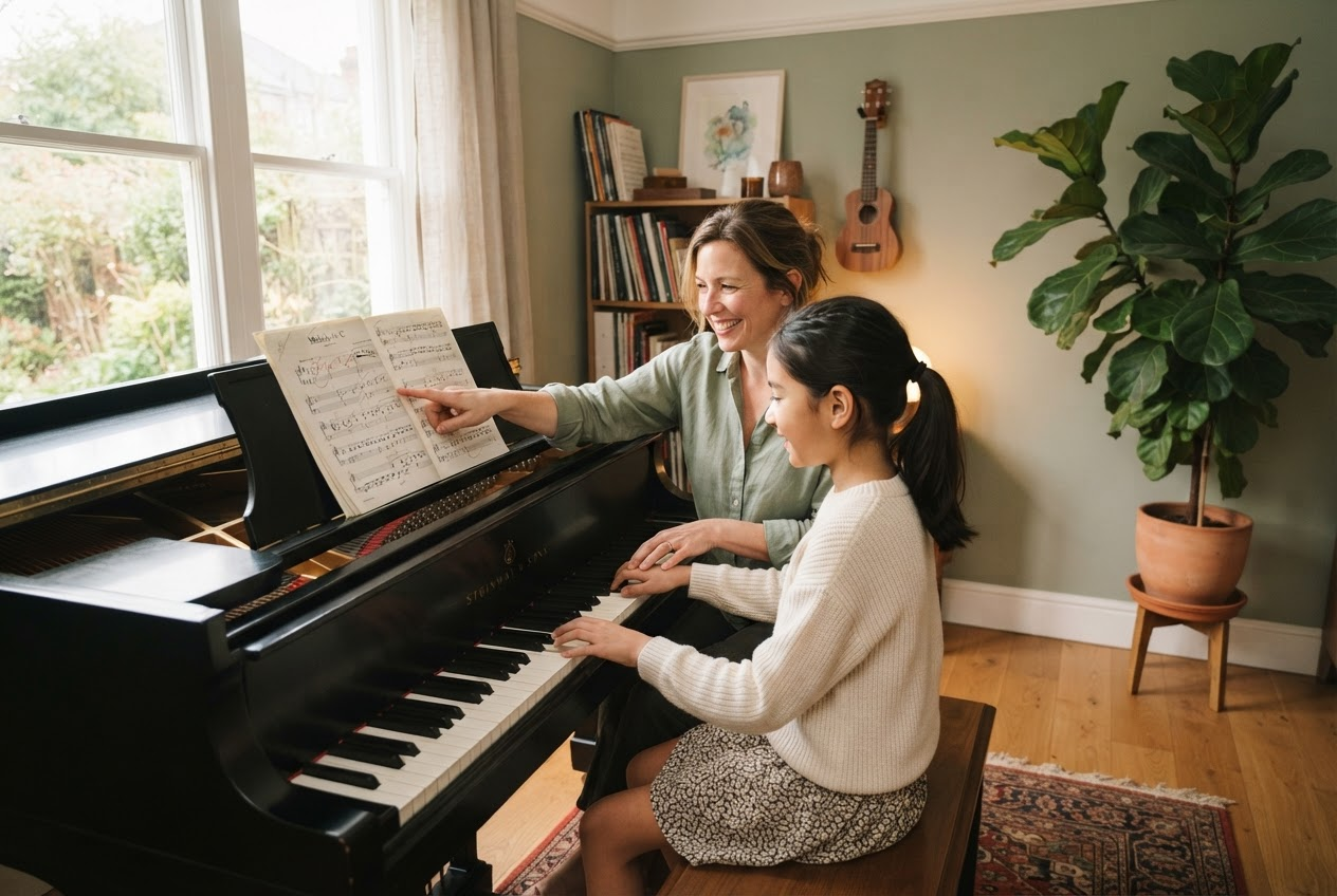 A music teacher and young student at a grand piano during a sunlit lesson