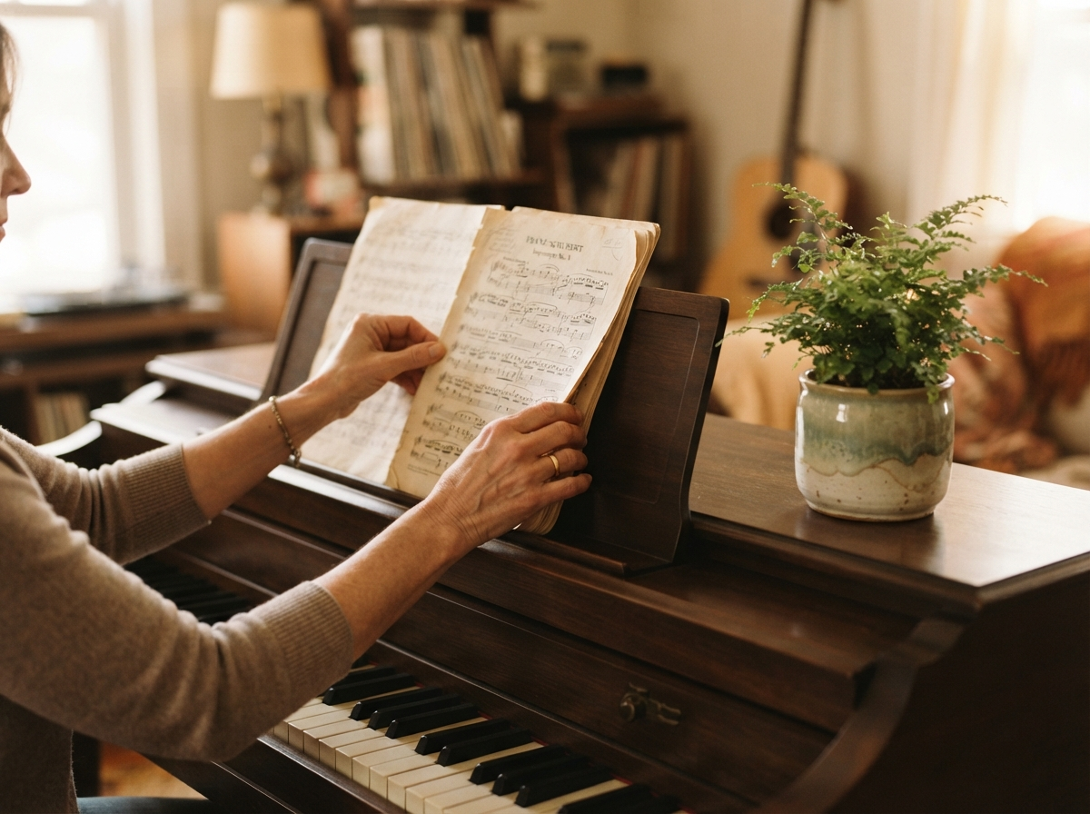 Sheet music arranged on a piano beside a small potted fern