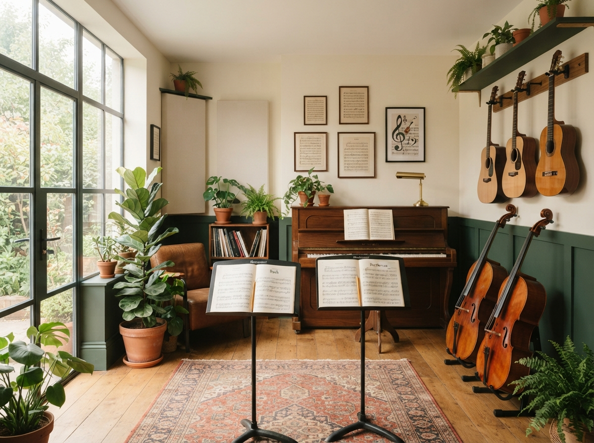 A bright boutique music studio with piano, cellos, and guitars