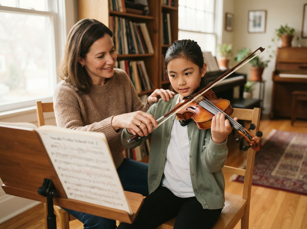 A violin teacher guiding a student’s bow hold during a lesson