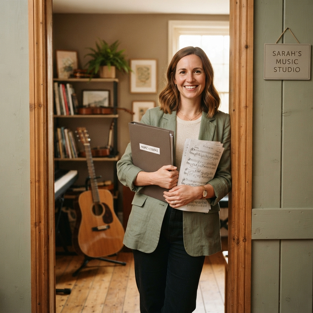 A smiling music teacher holding sheet music in her studio doorway