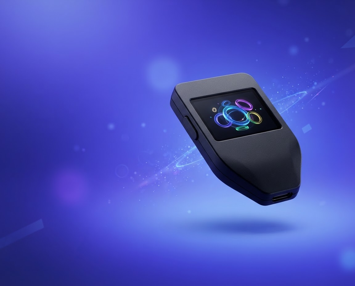 Hardware wallet shown against a vivid blue and violet backdrop