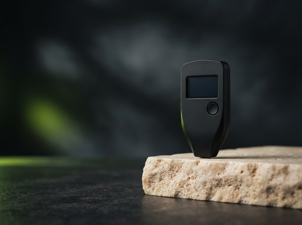 A minimalist hardware wallet on a softly lit stone pedestal