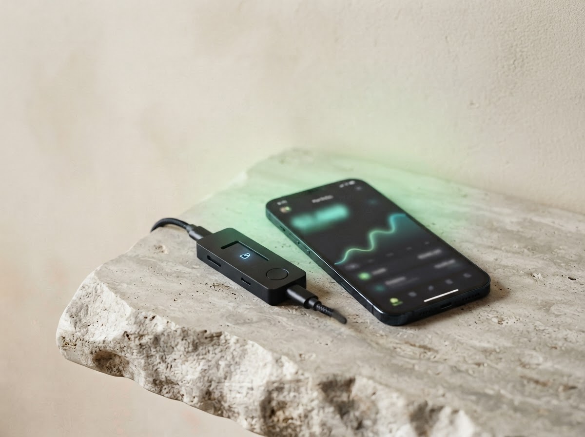 A hardware wallet beside a phone with an abstract portfolio screen