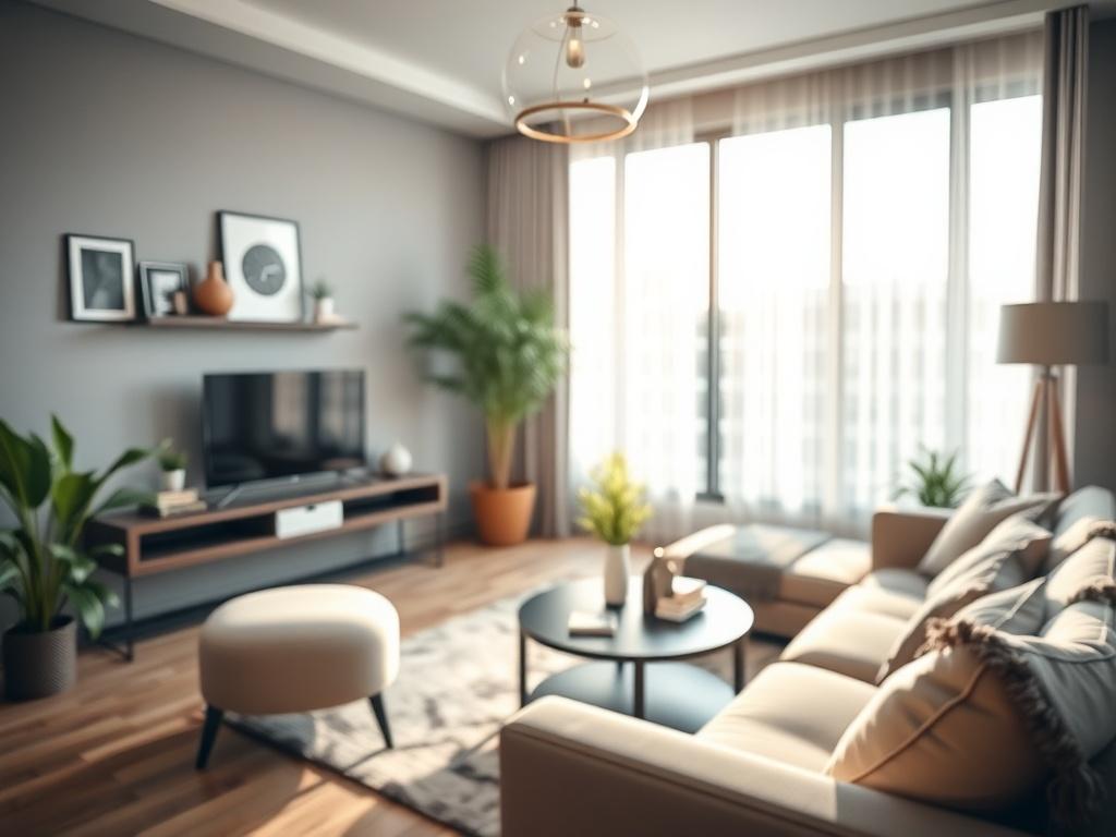 A close-up shot of a modern apartment interior, showcasing a well-decorated living room with stylish furniture and natural light coming through large windows. The focus should be on the cozy atmosphere and design details, rendered in hyper-realistic style with a depth of field effect.