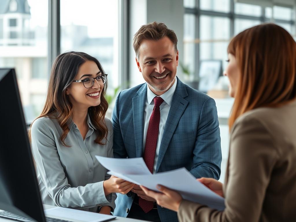 A close-up shot of a friendly real estate agent discussing with a client in a modern office setting. The focus should be on their engaged interaction, with paperwork and property listings visible in the background, rendered in hyper-realistic style.