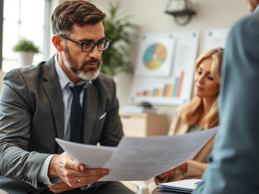 A close-up shot of a financial advisor explaining insurance options to a property owner in a professional office environment. The focus should be on the informative discussion, with documents and charts visible in the background, rendered in hyper-realistic style.