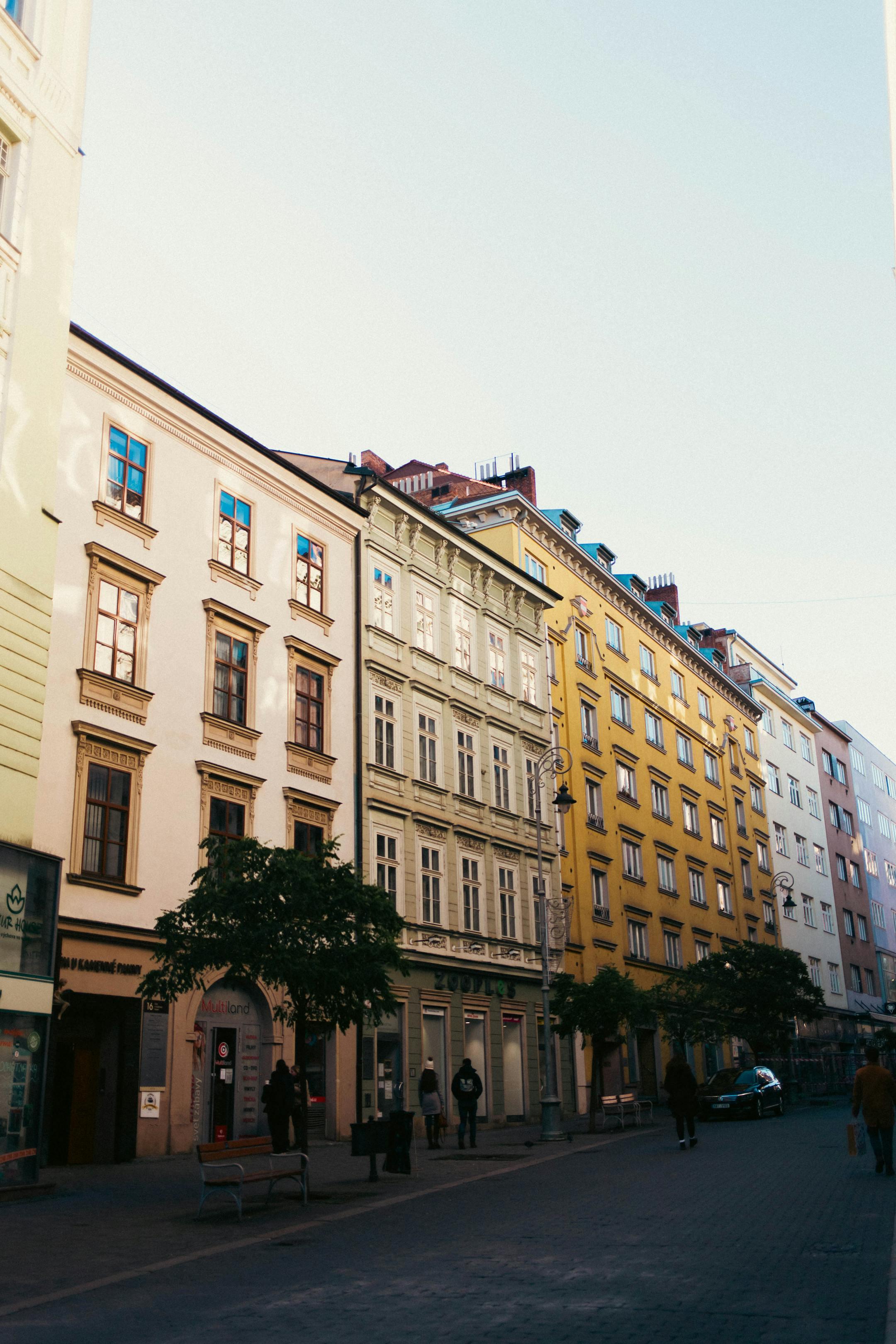 Explore the colorful architecture of Brno's historic streets in Czechia, showcasing timeless beauty.