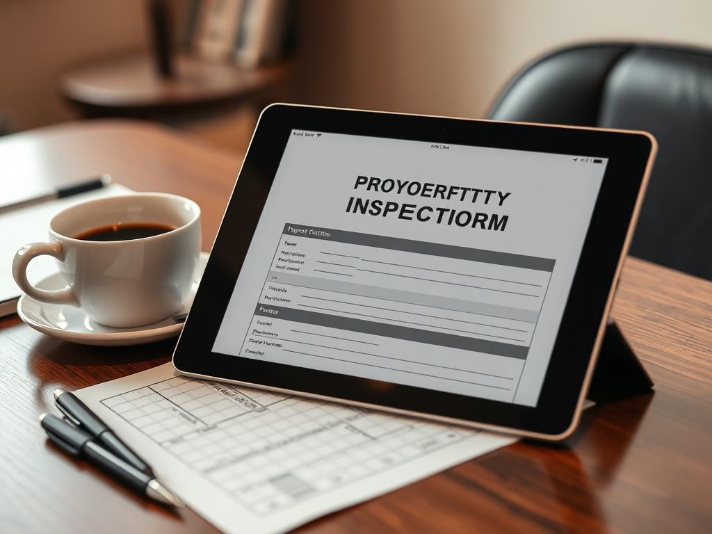A hyper-realistic close-up shot of a tablet displaying a digital property inspection form, placed on a stylish desk with a coffee cup and a pen, showcasing modern technology in property management.