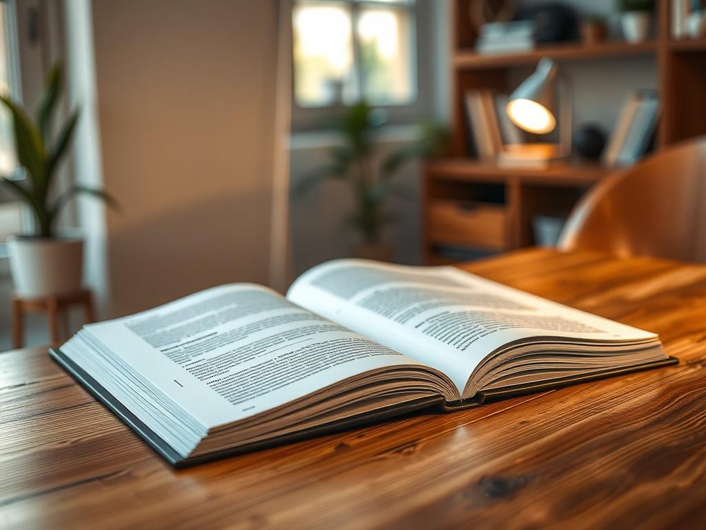 A hyper-realistic close-up shot of a property management guidebook with a sleek design, placed on a wooden table with a soft focus background of a cozy home office. The book should be open to display engaging content, with a warm light illuminating the page.