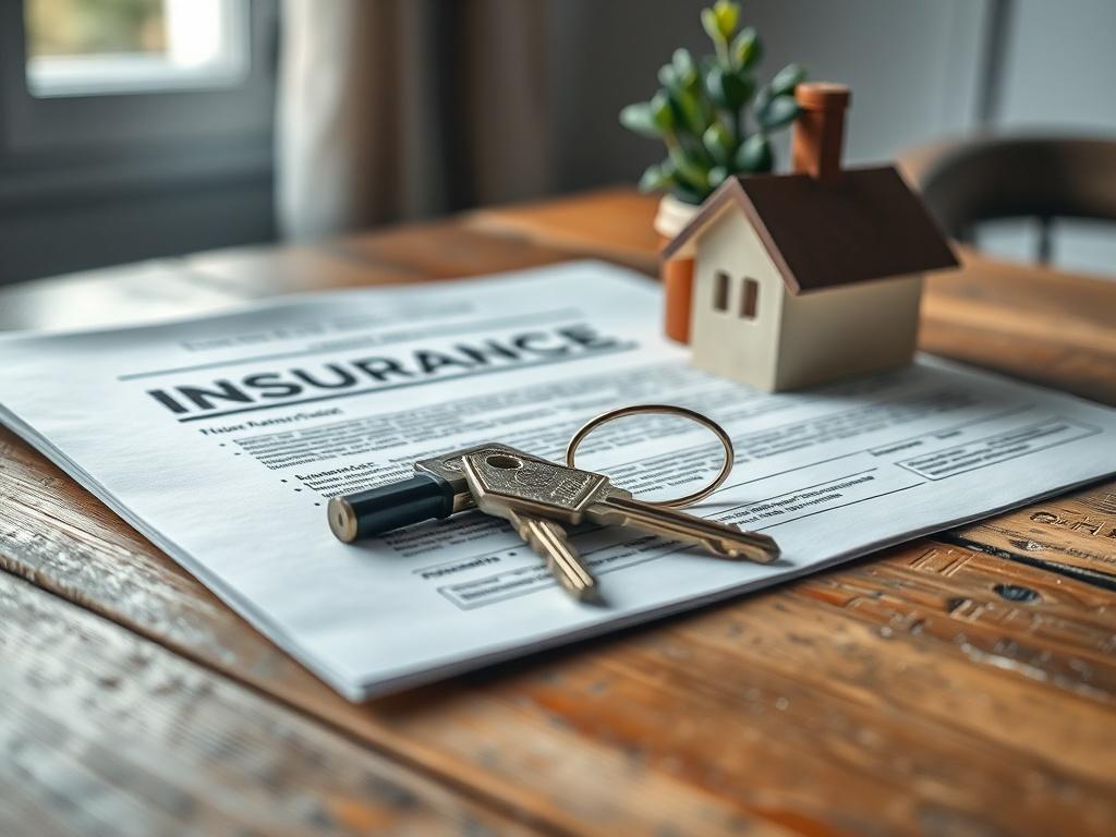 A hyper-realistic close-up shot of an insurance policy document laid on a rustic table, with a soft focus on a house key and a small plant in the background, symbolizing security and peace of mind.