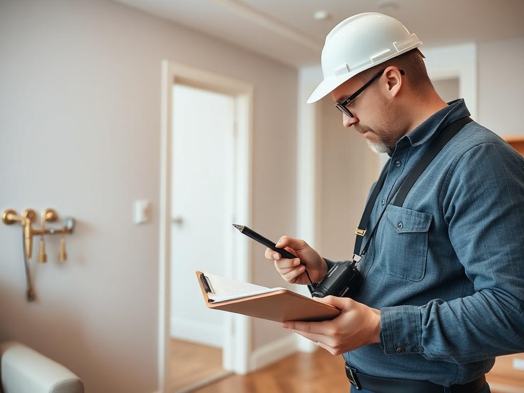 A close-up of a property inspection process, featuring a professional taking notes in an apartment. The focus should be on the inspector documenting the condition of walls and fixtures, with a clipboard and camera in hand. The background should show a well-lit room with clear details of the apartment's features, highlighting the thoroughness of the inspection.