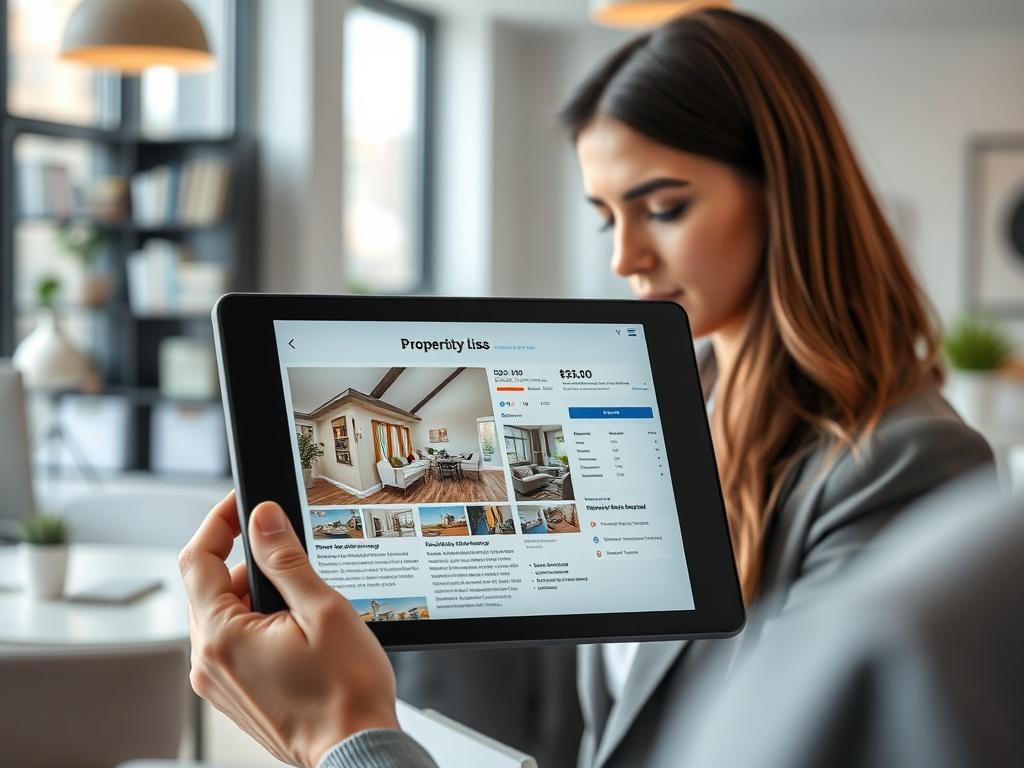 A close-up of a property advertisement on a digital device, showing a well-designed listing with appealing images and detailed descriptions of the apartment. The setting is a modern office space, with a focus on a professional reviewing the listing. The background should include elements of a bright and organized workspace, conveying efficiency and professionalism.