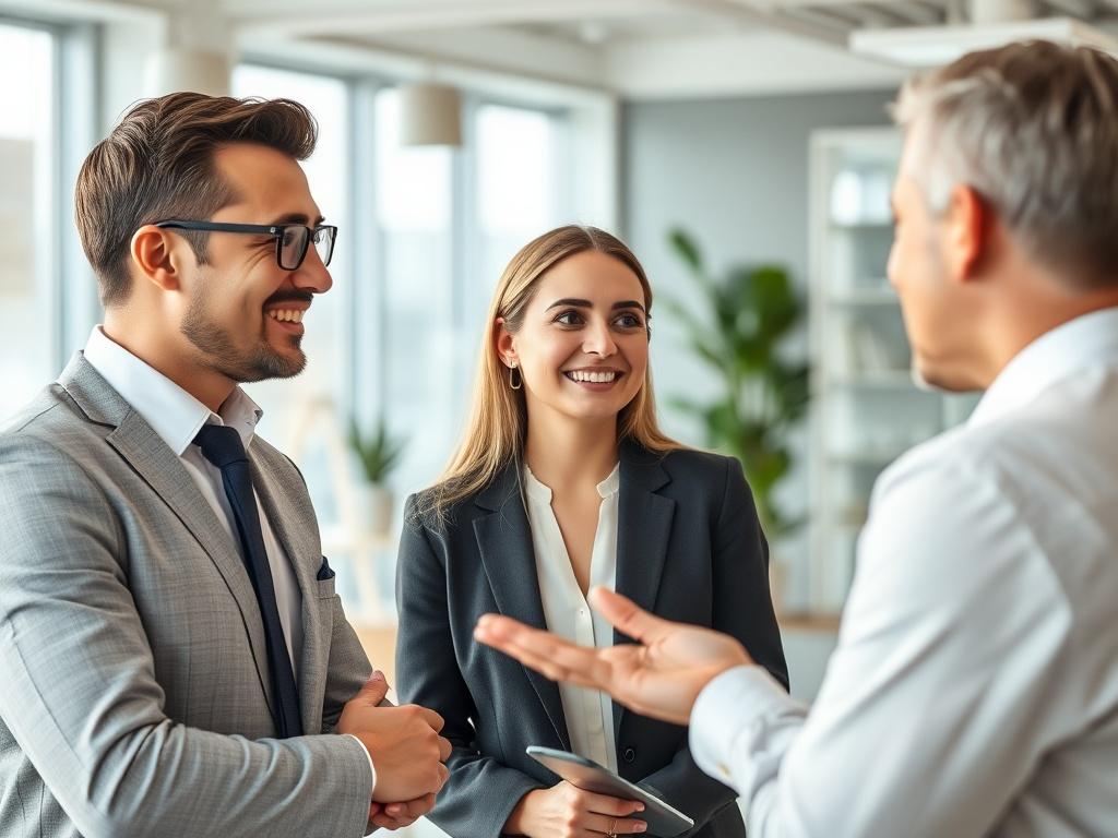 A realistic high-resolution photo of a friendly real estate agent discussing with a potential tenant in a bright, modern office setting. The image should capture the professionalism and approachability of the agent, creating a welcoming atmosphere, shot with a 45mm f/1.2 lens.