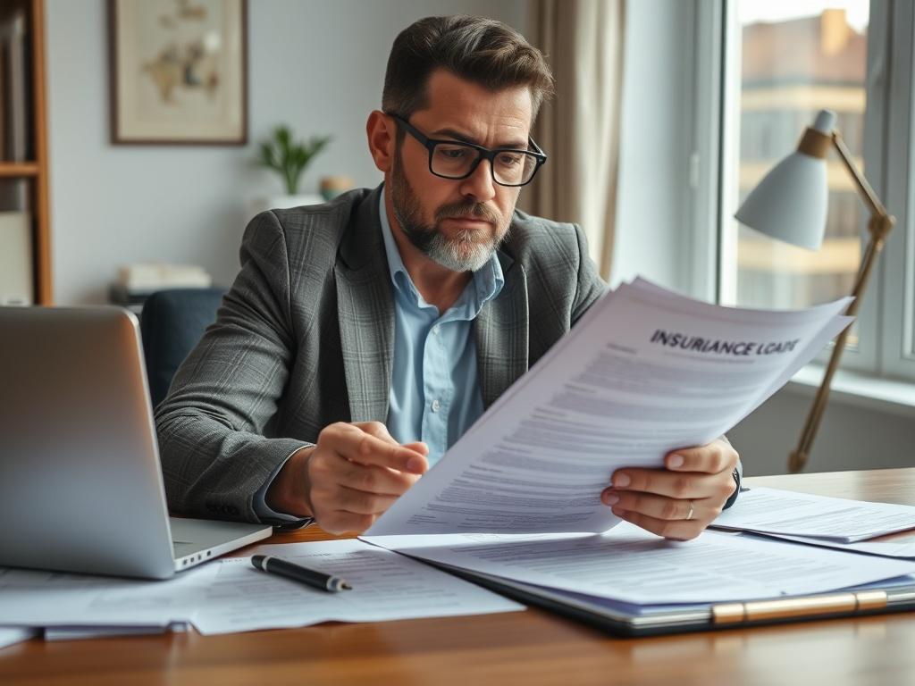 A realistic high-resolution photo of a confident landlord reviewing insurance documents at a desk, with a laptop and financial papers around. The focus should be on the importance of financial security and peace of mind, shot with a 45mm f/1.2 lens.