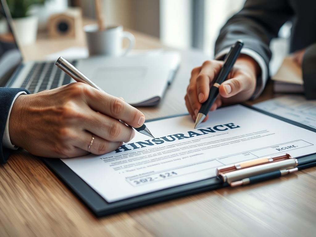 A close-up shot of an insurance document being signed by a landlord and an agent, symbolizing security and peace of mind in rental income. The setting is an office with documents and a laptop, reflecting professionalism. The color scheme incorporates shades of blue to emphasize trust.