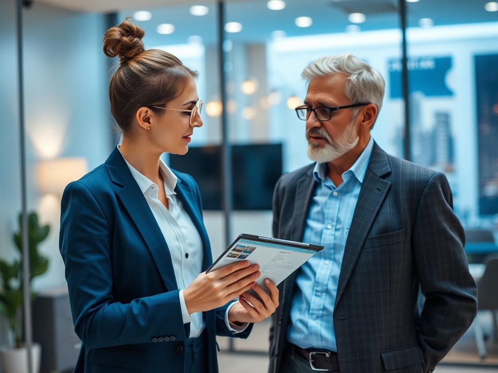 A close-up shot of a real estate agent discussing property management with a property owner in an office setting, featuring a visually engaging background that highlights professionalism. The agent is holding a tablet displaying property details, and the property owner is listening attentively. The color scheme includes shades of blue to reflect trust and reliability.