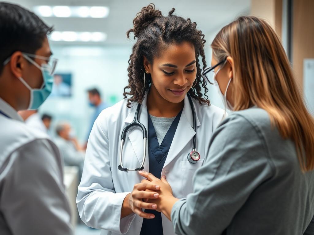 A healthcare professional assisting a patient in a walk-in clinic setting, with a focus on the attentive interaction between them. The background should depict a busy yet organized medical office, showcasing the accessibility and readiness of the clinic. The image should emphasize urgency and compassion, highlighting the healthcare worker's dedication and the patient's relief.