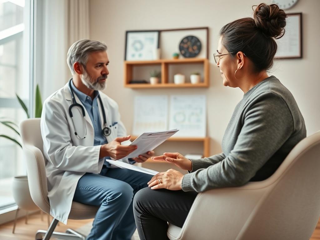 An engaging scene of a healthcare provider discussing a chronic disease management plan with a patient in an inviting consultation room. The image should capture the collaborative nature of the discussion, with charts and educational materials visible. The setting should feel supportive and informative, highlighting the importance of patient-centered care.