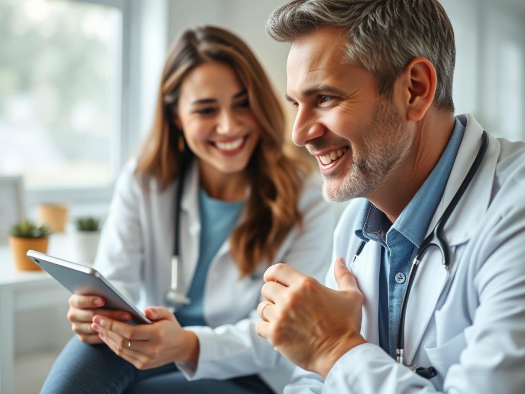 A close-up shot of a healthcare professional conducting a yearly physical examination, with a focus on the interaction between the doctor and a smiling patient. The background should be a bright, welcoming medical office, emphasizing a caring and supportive environment. The image should capture warmth and professionalism, showcasing the doctor in a white coat and the patient in casual attire, conveying trust and comfort.