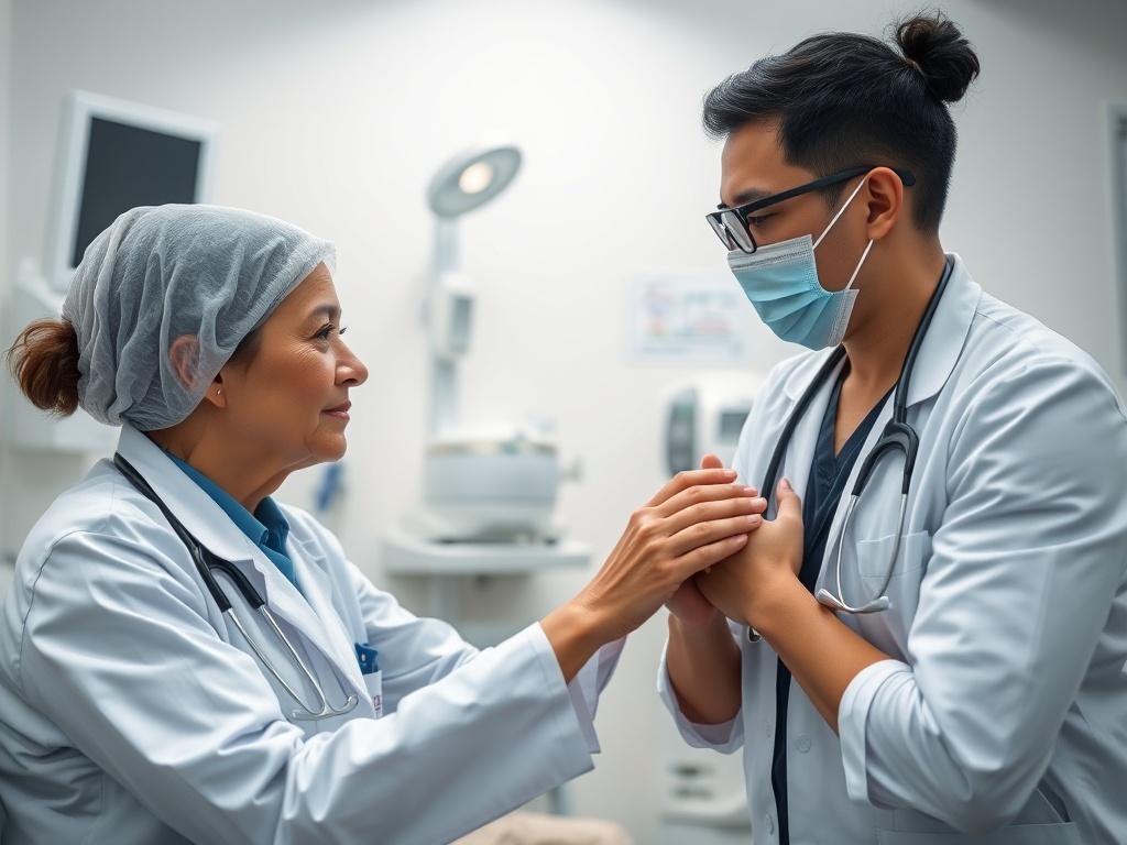 A hyper-realistic close-up shot of a healthcare professional conducting a physical examination on a patient in a medical clinic setting. The background should be a clean, well-lit examination room with medical equipment subtly visible. The healthcare professional should be focused and attentive, creating a supportive atmosphere.