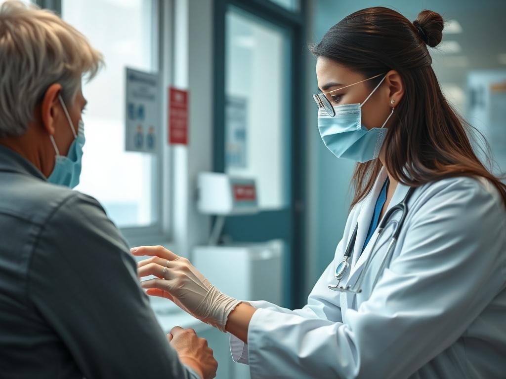 A hyper-realistic close-up shot of a patient being treated by a healthcare professional in a walk-in clinic. The setting should convey urgency and accessibility, with the professional providing care in a compassionate manner, highlighting the supportive environment.