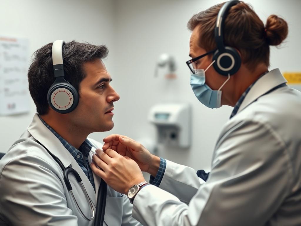 A hyper-realistic close-up shot of a driver receiving a DOT physical examination in a clinical setting. The focus should be on the doctor's attentive demeanor while examining the driver, with medical instruments in the background, conveying professionalism and care.