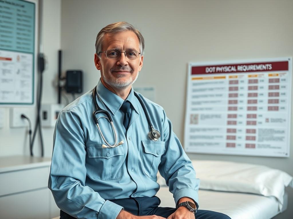 Generate a highly realistic high-resolution photo that reflects the theme of a blog titled "Understanding DOT Physicals for Drivers." The image should feature a single professional driver, a middle-aged Caucasian man, dressed in a clean, pressed uniform, showing a sense of pride and attentiveness. He should be sitting on an examination table in a well-lit medical office, displaying a confident yet relaxed demeanor as he engages with a healthcare professional off-camera.

The healthcare professional should n